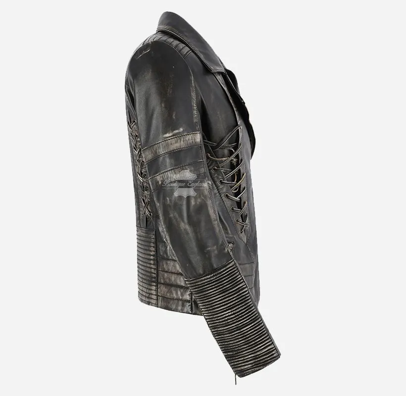 SPICE Ladies Vintage Leather Biker Jacket Laced Gothic Leather Jacket