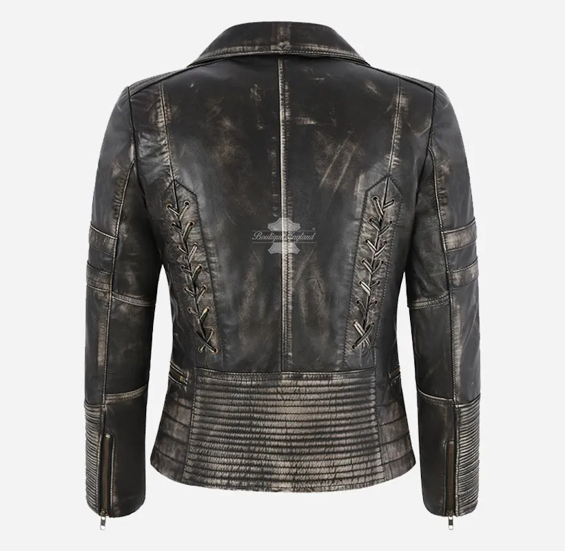 SPICE Ladies Vintage Leather Biker Jacket Laced Gothic Leather Jacket