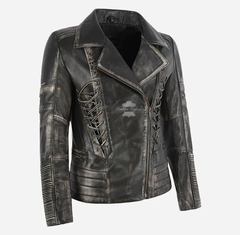 SPICE Ladies Vintage Leather Biker Jacket Laced Gothic Leather Jacket