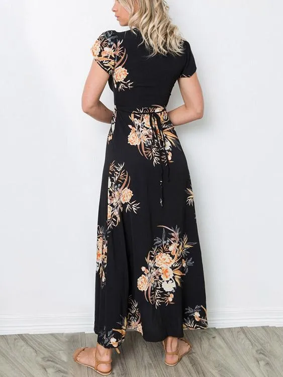 Wholesale Black Deep V Neck Short Sleeve Floral Print Slit Hem Maxi Dresses