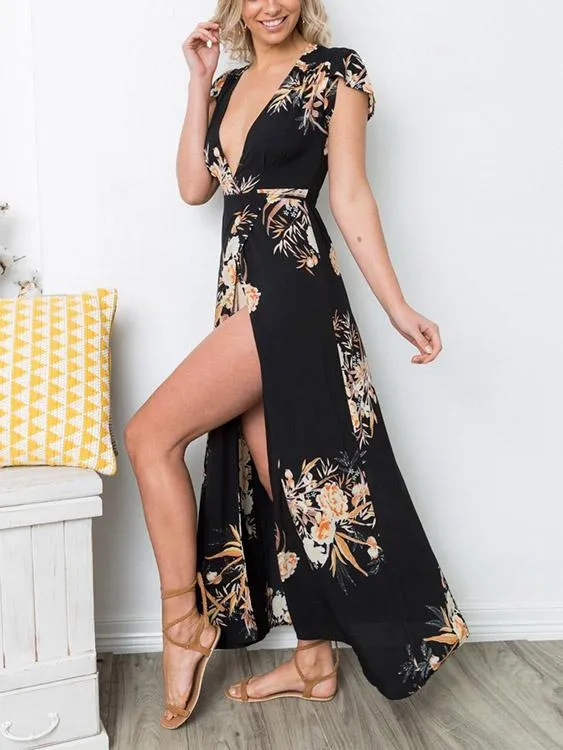 Wholesale Black Deep V Neck Short Sleeve Floral Print Slit Hem Maxi Dresses