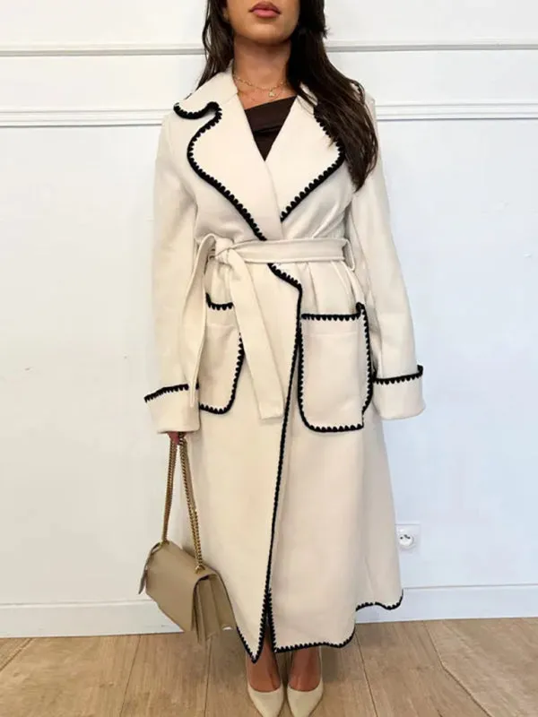 Winter Embroidered Faux Wool Wrap Belted Coat