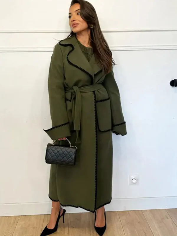 Winter Embroidered Faux Wool Wrap Belted Coat