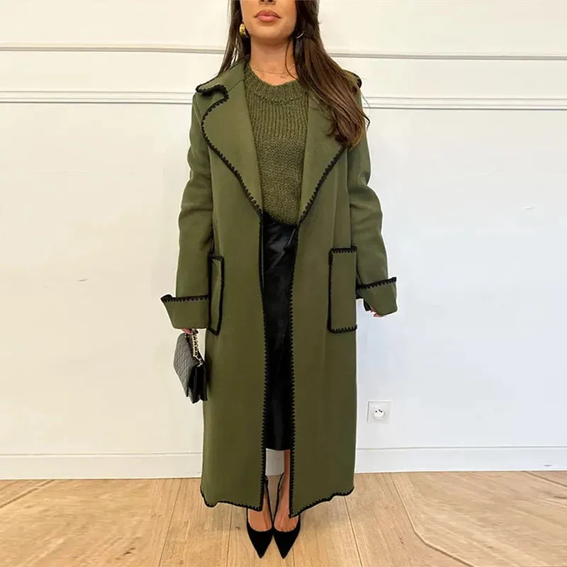 Winter Embroidered Faux Wool Wrap Belted Coat