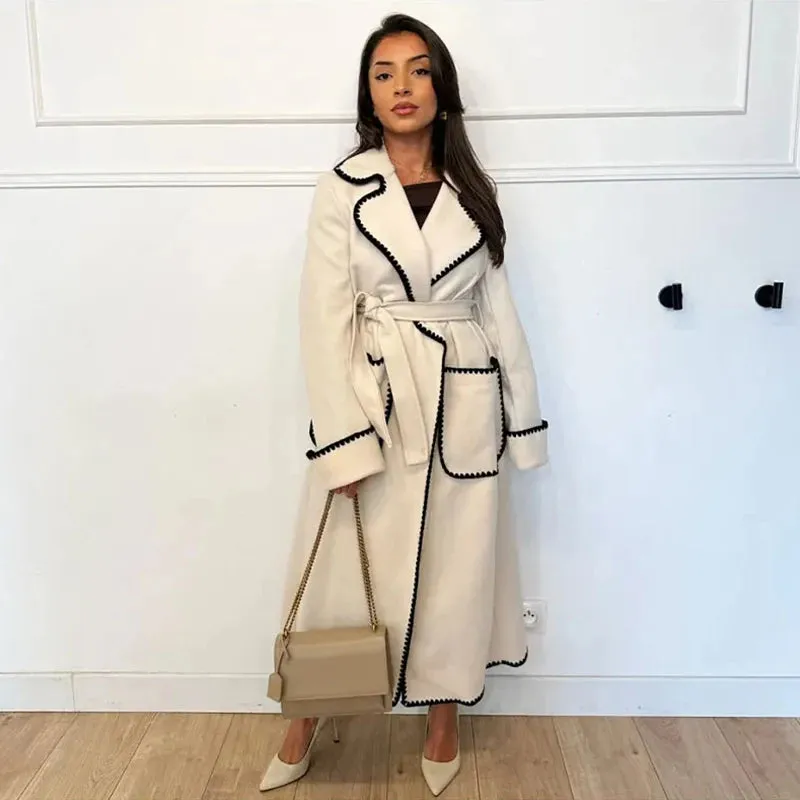 Winter Embroidered Faux Wool Wrap Belted Coat