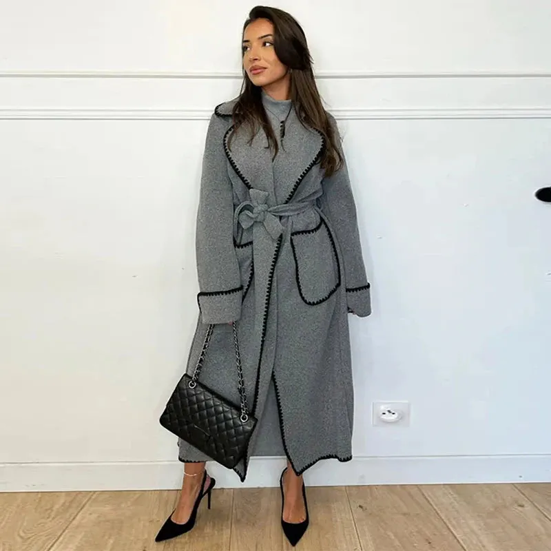 Winter Embroidered Faux Wool Wrap Belted Coat