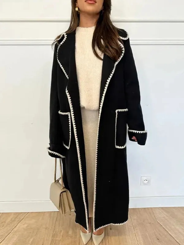 Winter Embroidered Faux Wool Wrap Belted Coat