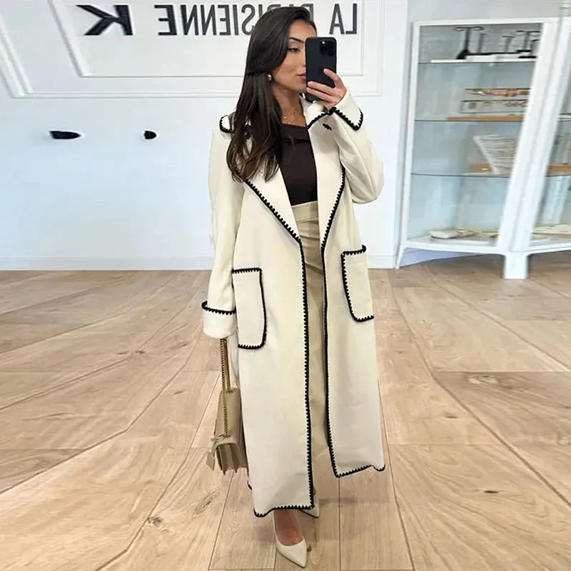 Winter Embroidered Faux Wool Wrap Belted Coat