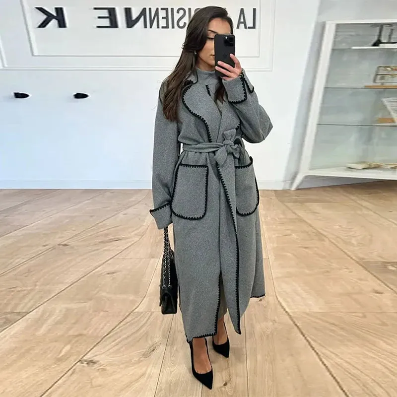 Winter Embroidered Faux Wool Wrap Belted Coat